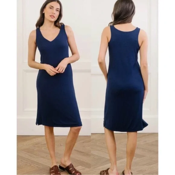 Cozy Earth Bamboo Rib Knit Ultra Soft V-Neck Tank Lounge Nightgown Dress Navy M - Picture 1 of 7